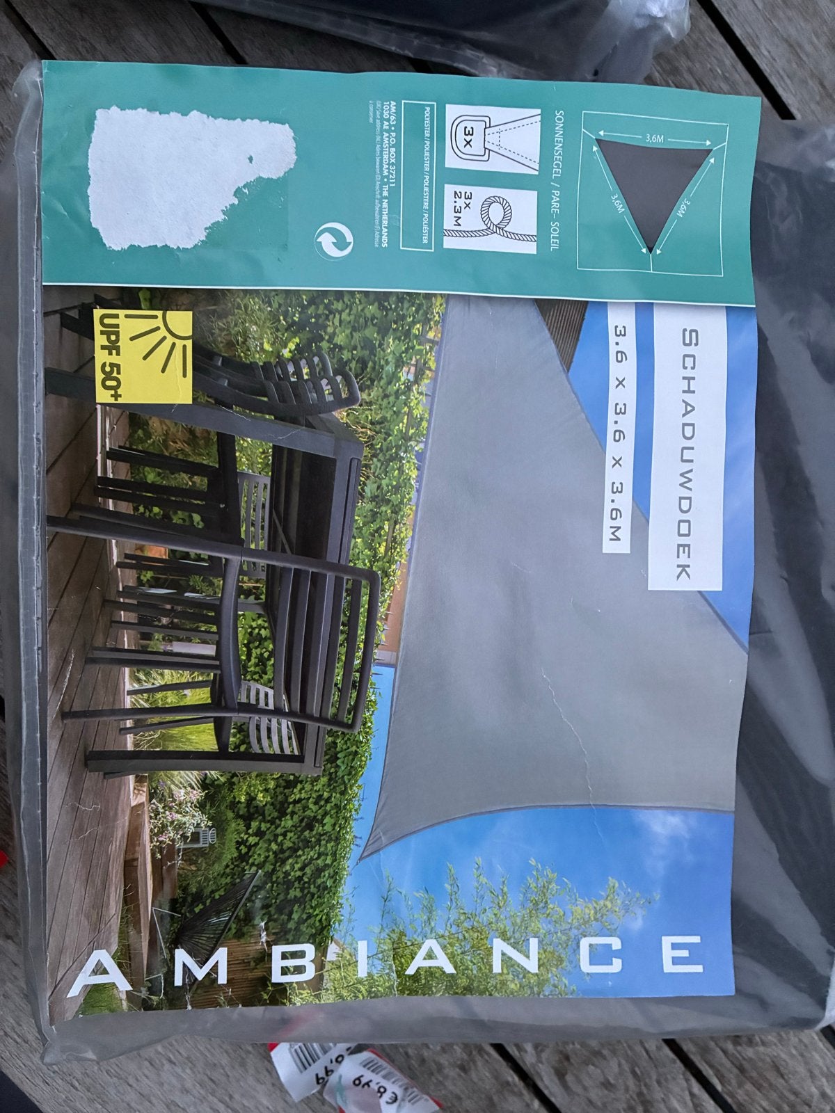 Nieuw 2 Ambiance Schaduwdoek 3.6x3.6x3.6M UPF 50+, Tuin en Terras, Schaduwdoeken, Ophalen, Nieuw