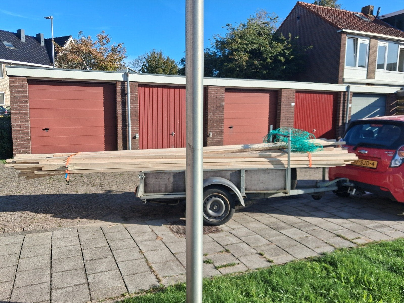 Partij houten balken 44x44mm, diverse lengtes, Gebruikt, 25 tot 50 mm, Ophalen of Verzenden, 300 cm of meer