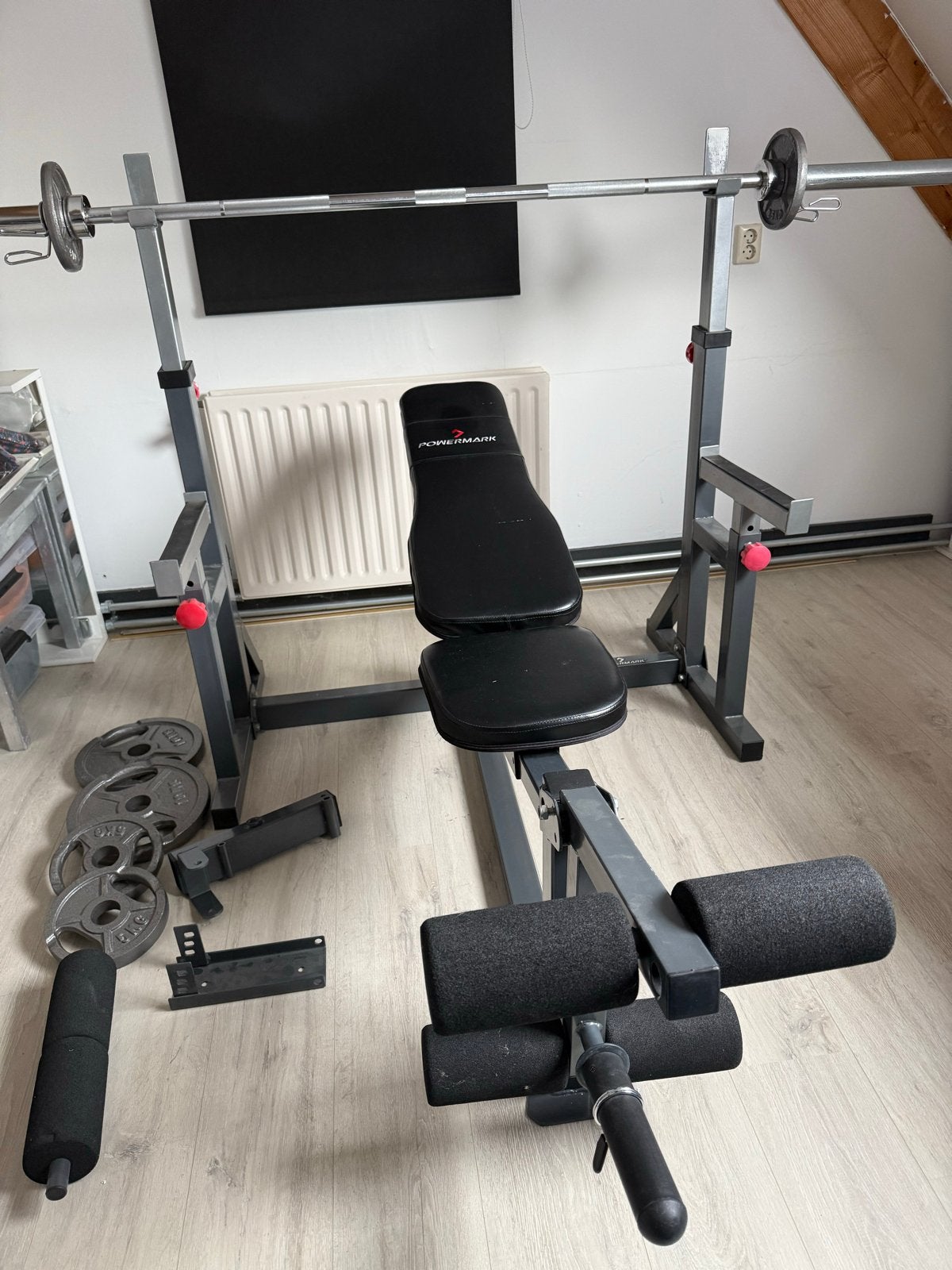 Powermark Halterbank met halterstang en Olympische schijven, Ophalen, Gebruikt, Borst, Fitnessbank