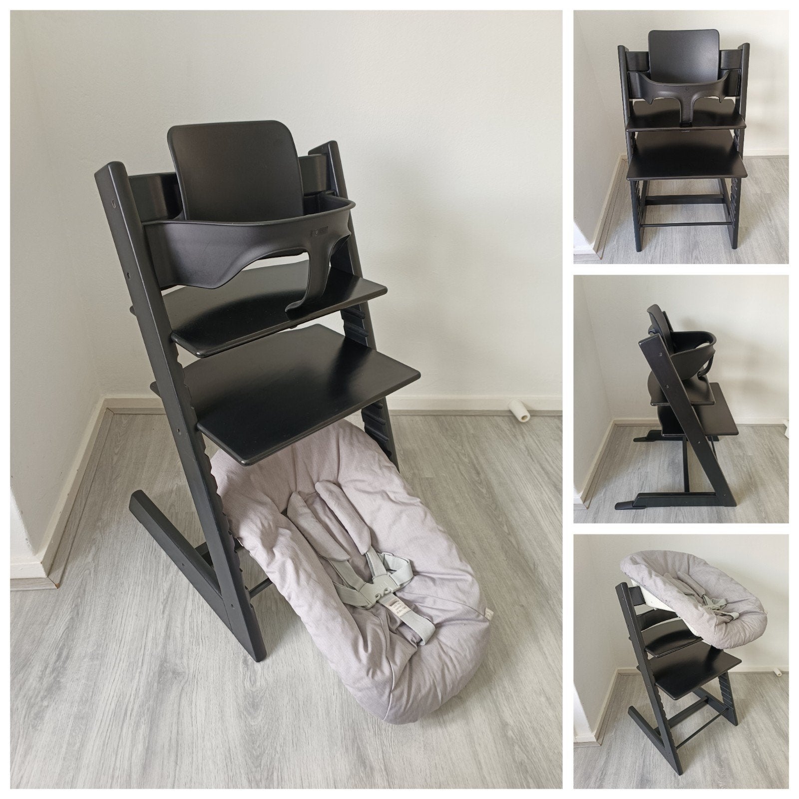 Stokke Tripp Trapp zwart+babyset,2 standen newbornset evt.2x, Meegroeistoel, Ophalen of Verzenden, Zo goed als nieuw, X