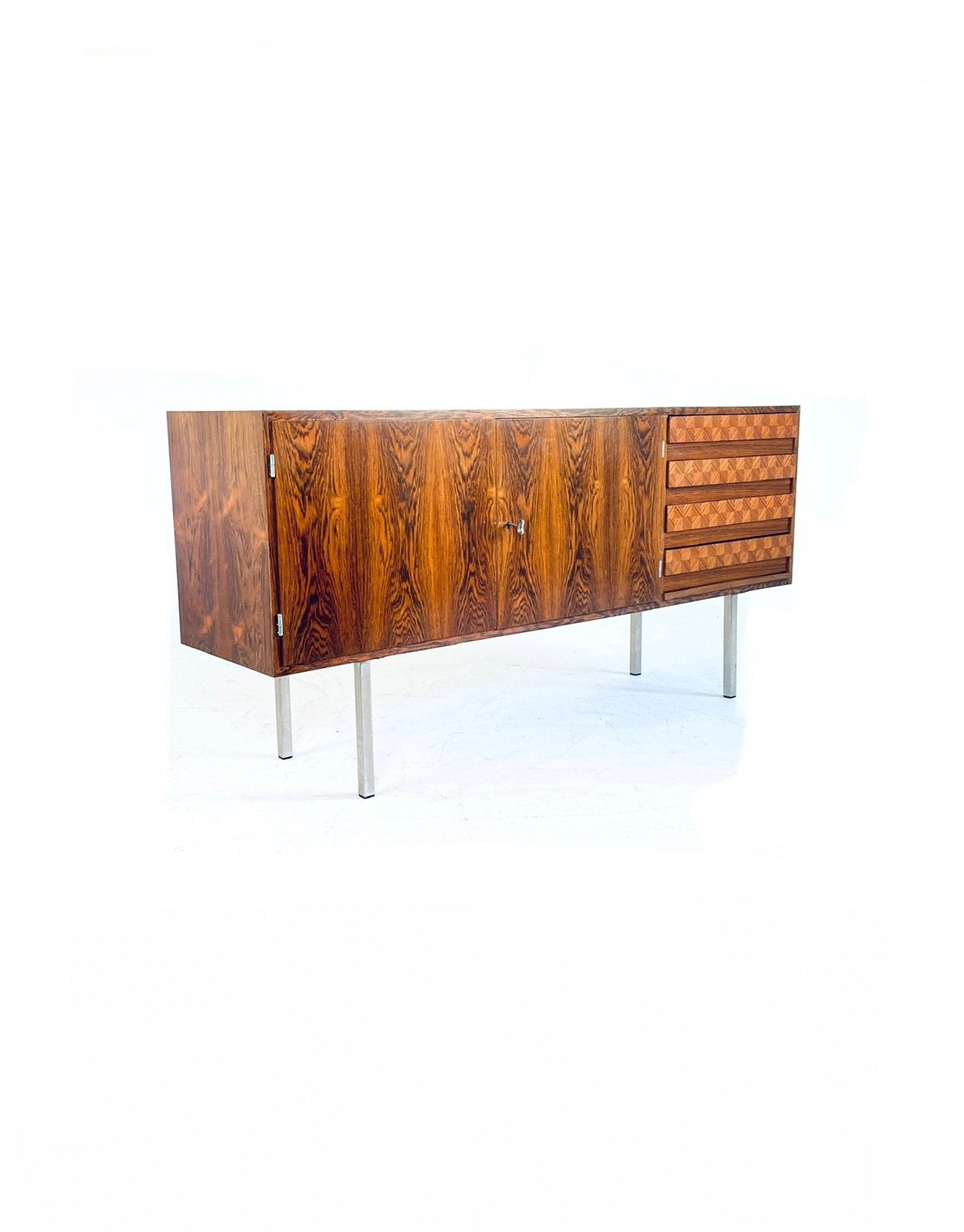 Vintage Palissander & chroom sideboard, jaren ‘60, Overige houtsoorten, Vintage retro buisframe design rotan webbing papercord deens
