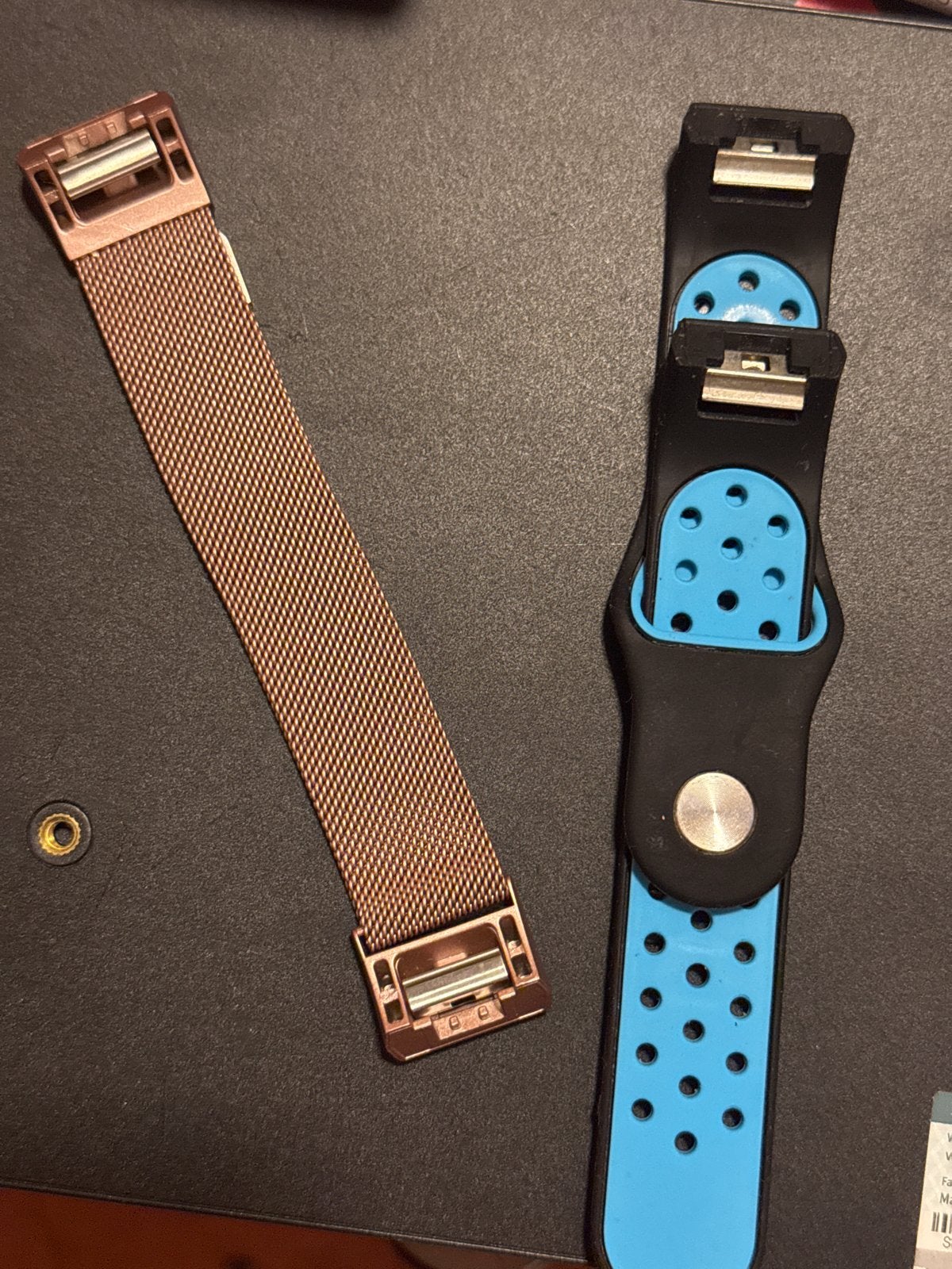 Twee horlogebandjes: roségoud en zwart/blauw, Ophalen of Verzenden, Gebruikt, Bandje