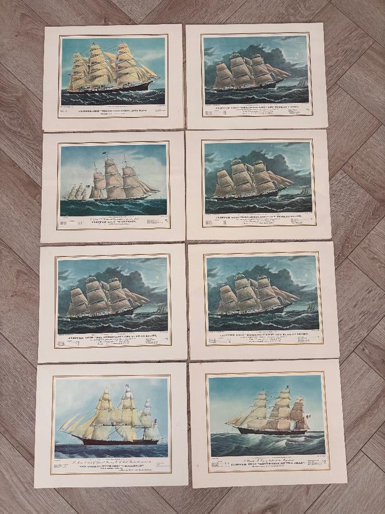 Vintage menu cover Pan Am, litho’s van schepen / klippers 8*, Ophalen of Verzenden, Lithografie, Met tekst, 1950 - 1999