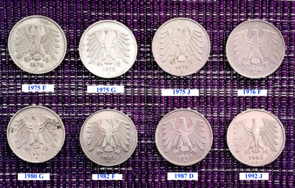8x 5 DM BrD Bundesrepublik Deutschland Duitse Mark Munt, Ophalen, Duitsland, Losse munt