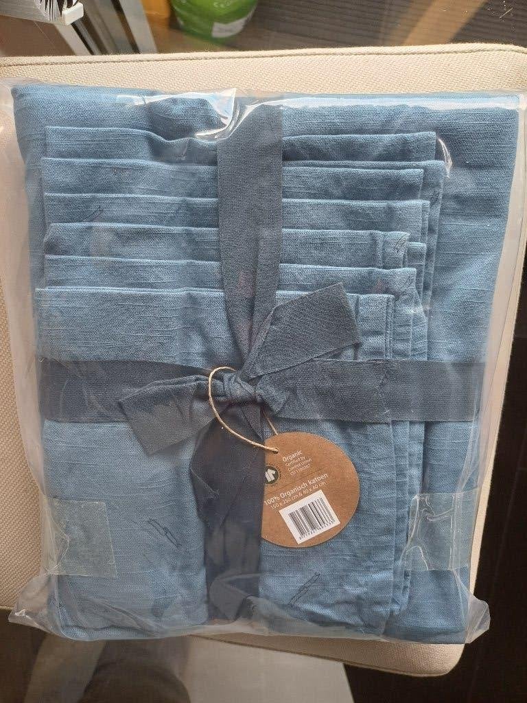 tafelkleed en 6 servetten van geheel organisch katoen, nieuw, Katoen, Blauw, Geweven, Tafelkleed of Tafelzeil