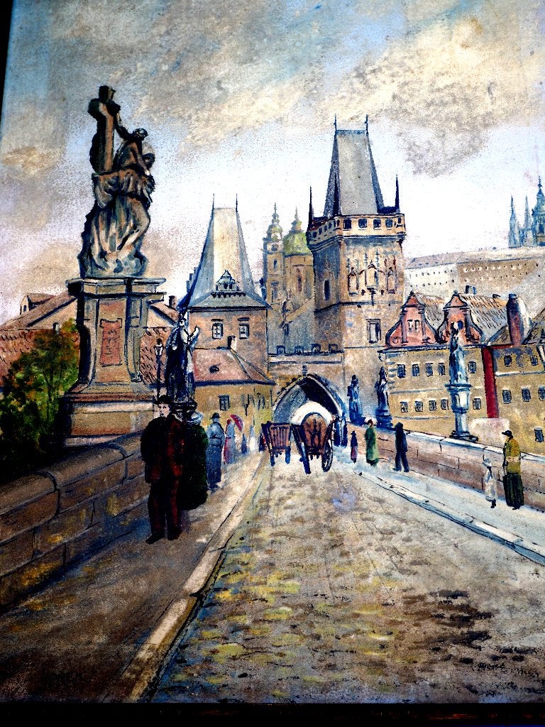 Olieverfschilderij Karelsbrug Praag, Overige stijlen, Doek, Ophalen of Verzenden, Gesigneerd