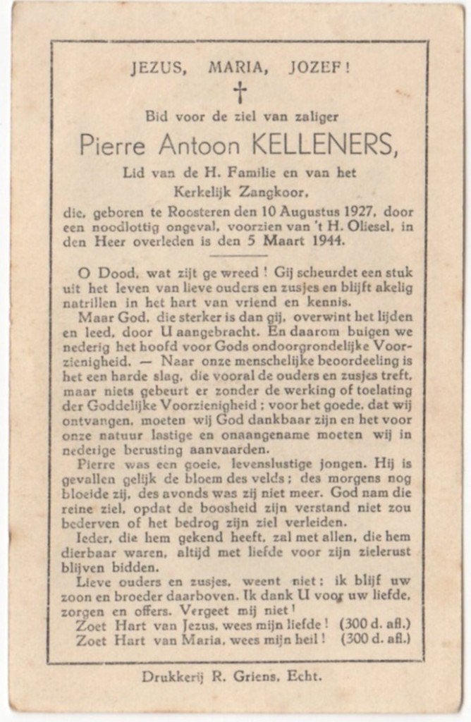 Pierre A. Kelleners 1927 Roosteren + 1944 Echt, 16 jaar oud, Verzamelen, Verzenden