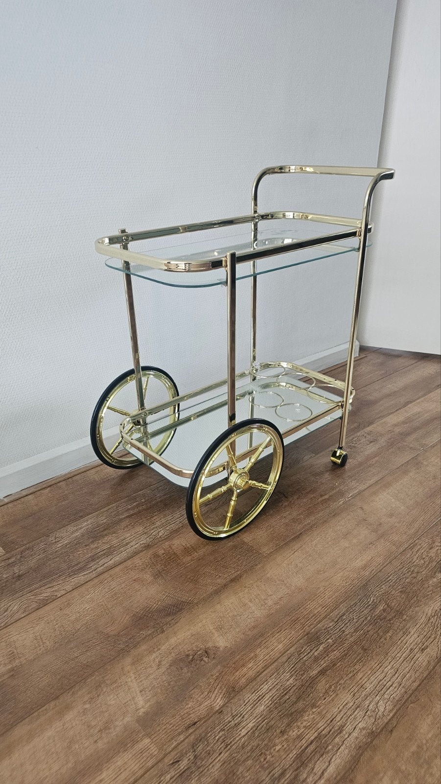 Gouden serveerwagen / barcart met glazen platen, Ophalen, Vintage, Gebruikt, Goud
