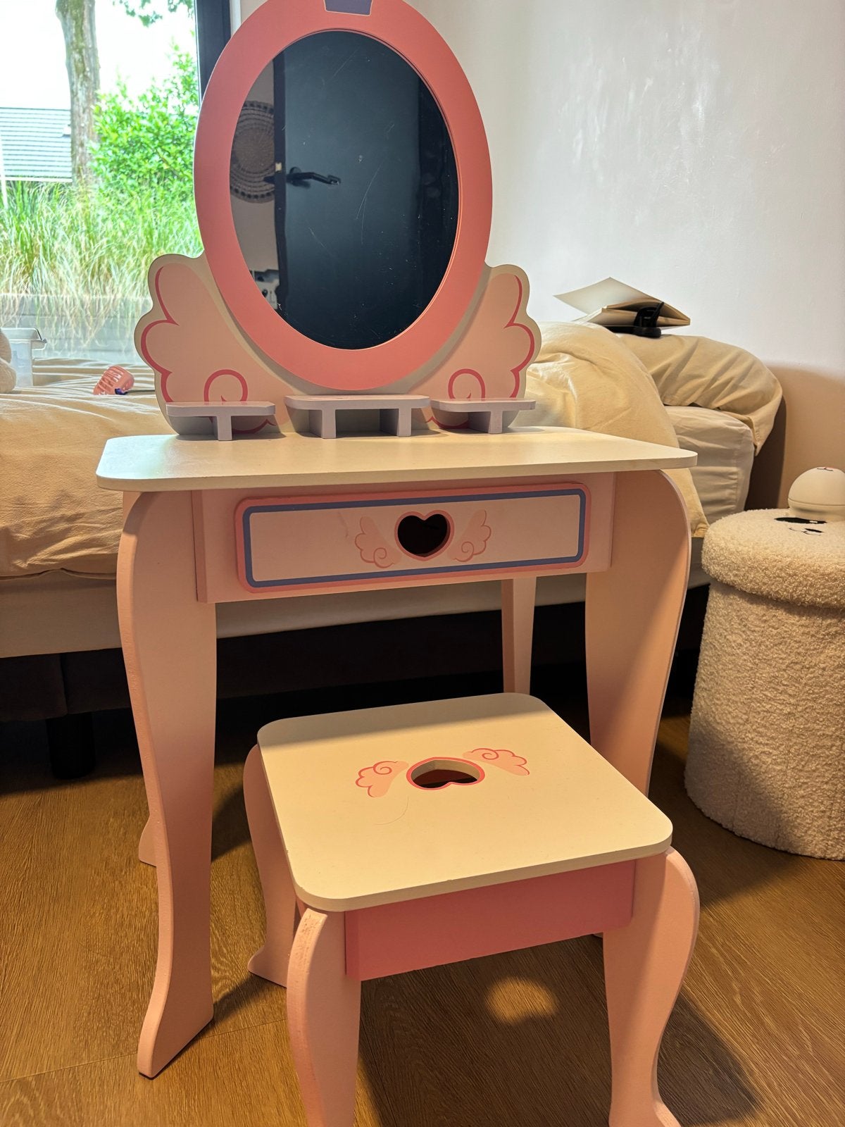 Roze kaptafel met spiegel en krukje voor kinderen, Ophalen, Gebruikt, Tafel(s) en Stoel(en)