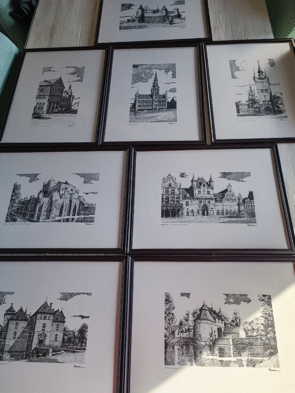 8  oude pentekeningen van Thomas Roman van vlaamse steden, Antiek en Kunst, Kunst | Tekeningen en Foto's, Ophalen