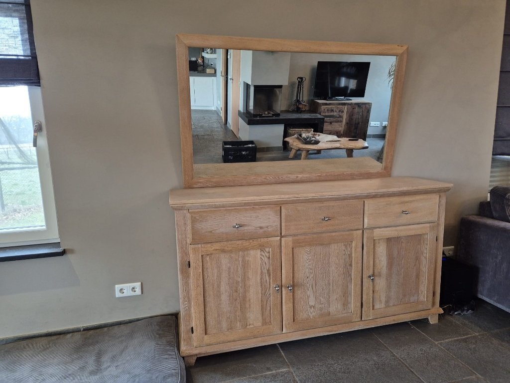 Licht eiken dressoir met spiegel en TV kast, Ophalen, Gebruikt, 150 tot 200 cm, Eikenhout