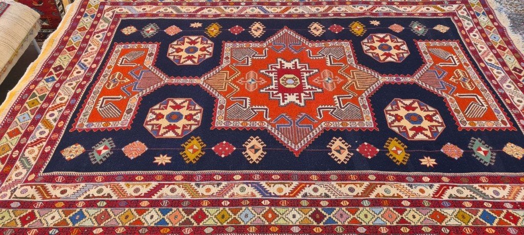 Perzisch tapijt Kelim Soumak 285 x 200/Handgeweven wol kilim, Blauw, Www.simatapijten.nl, 150 tot 200 cm, Ophalen of Verzenden