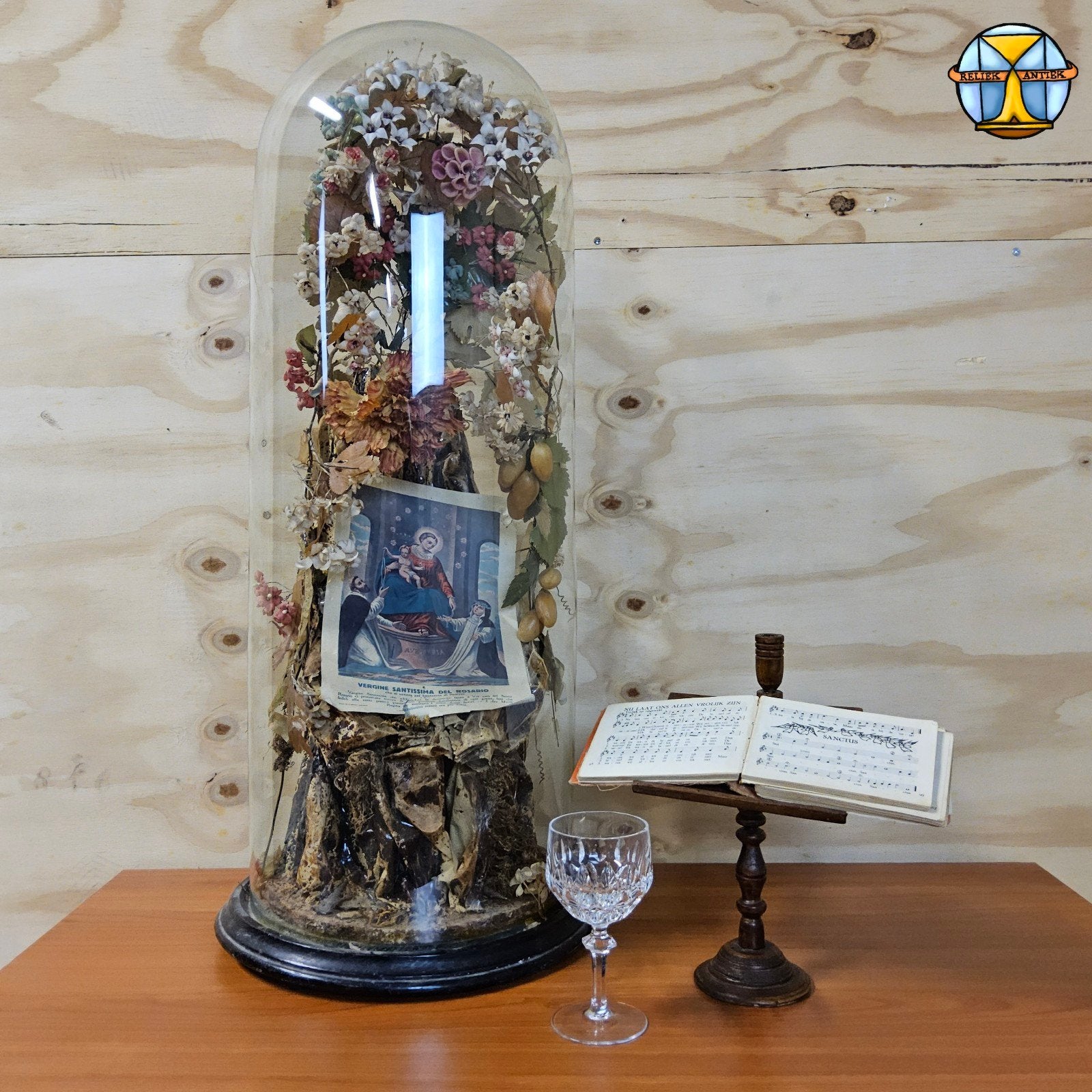 Zeer grote Antieke stolp met bloemen Katholieke Maria (H73cm, Ophalen of Verzenden