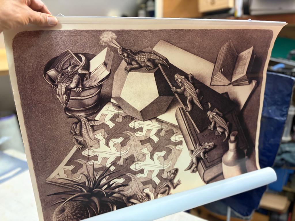 M.C. Escher-achtige poster met krokodillen en ananas, Ophalen, Zo goed als nieuw