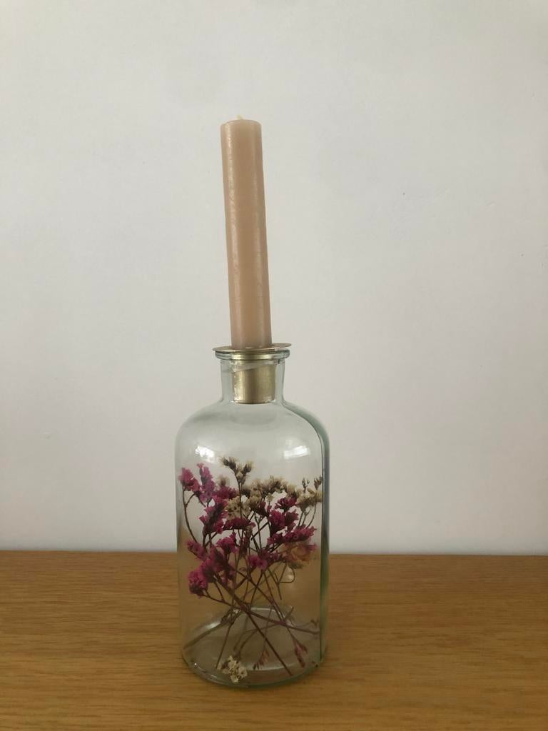 Kandelaar fles met droogbloemen, Overige materialen, Overige kleuren, Ophalen of Verzenden, Zo goed als nieuw