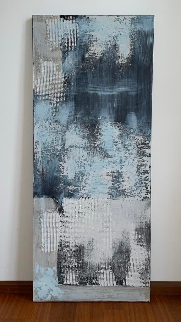 Abstract schilderij in zwart/grijs/wit/blauw, Ophalen