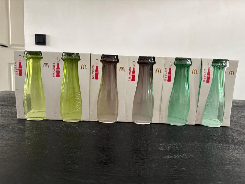 Coca-Cola 125 jaar McDonald's glazen flessen set - 6 stuks, Ophalen, Zo goed als nieuw