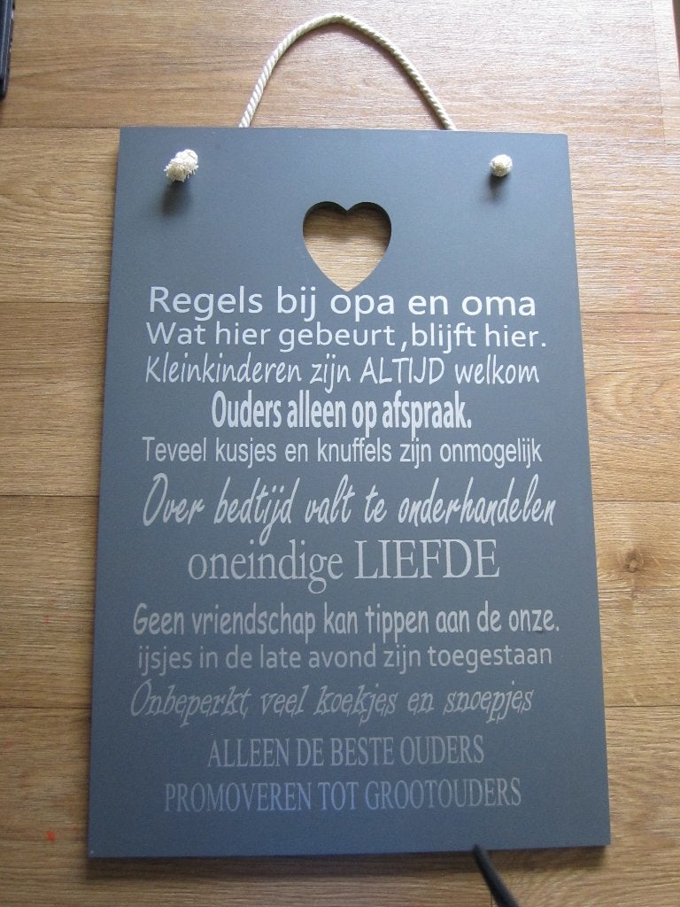 Wandbord met regels bij opa en oma ., Met ophangmogelijkheid, Ophalen of Verzenden, Zo goed als nieuw, Hout