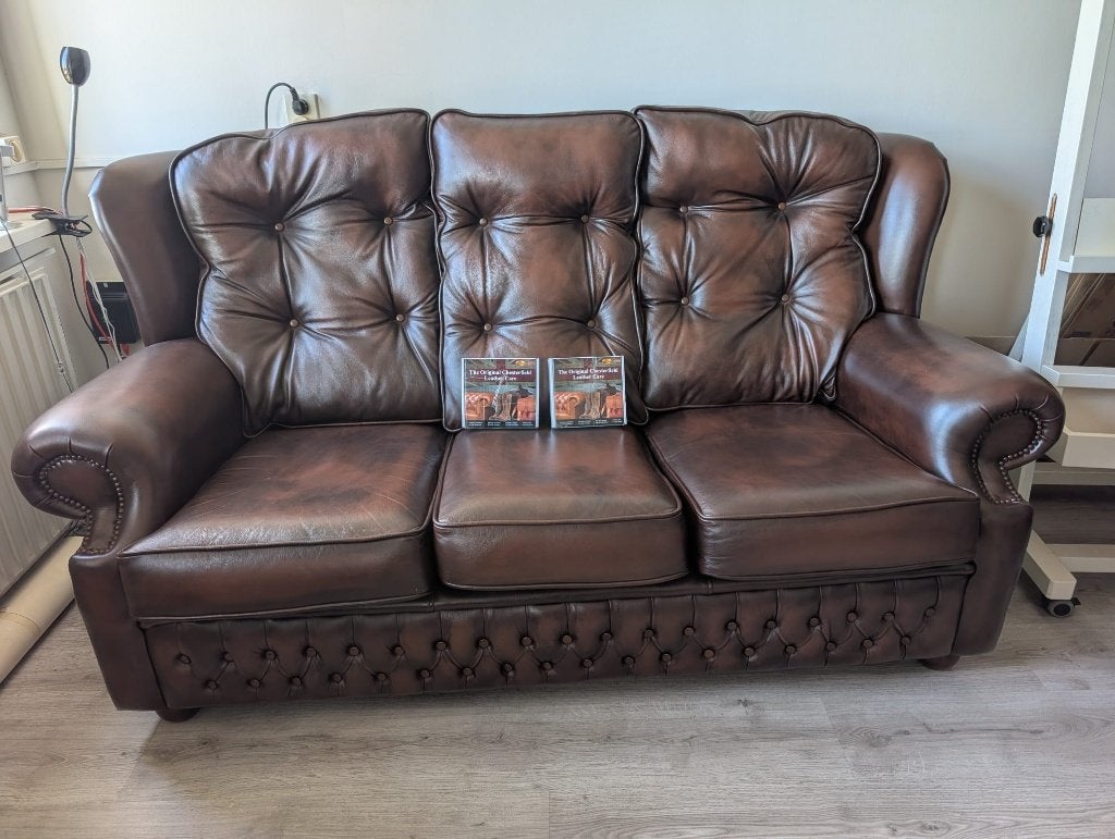 Prachtige leren Chesterfield 3-zitsbank – zeer nette staat, Ophalen, 100 tot 125 cm, 150 tot 200 cm, Driepersoons