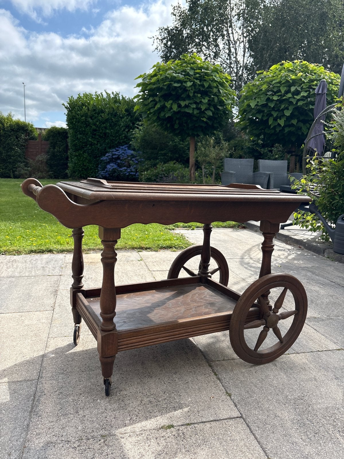 Antieke houten theewagen/serveerwagen met wielen, Antiek en Kunst, Ophalen