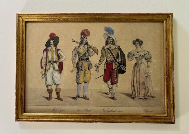 Antieke ingekleurde tekening met kostuums uit de 19e eeuw, Ophalen of Verzenden, Gebruikt
