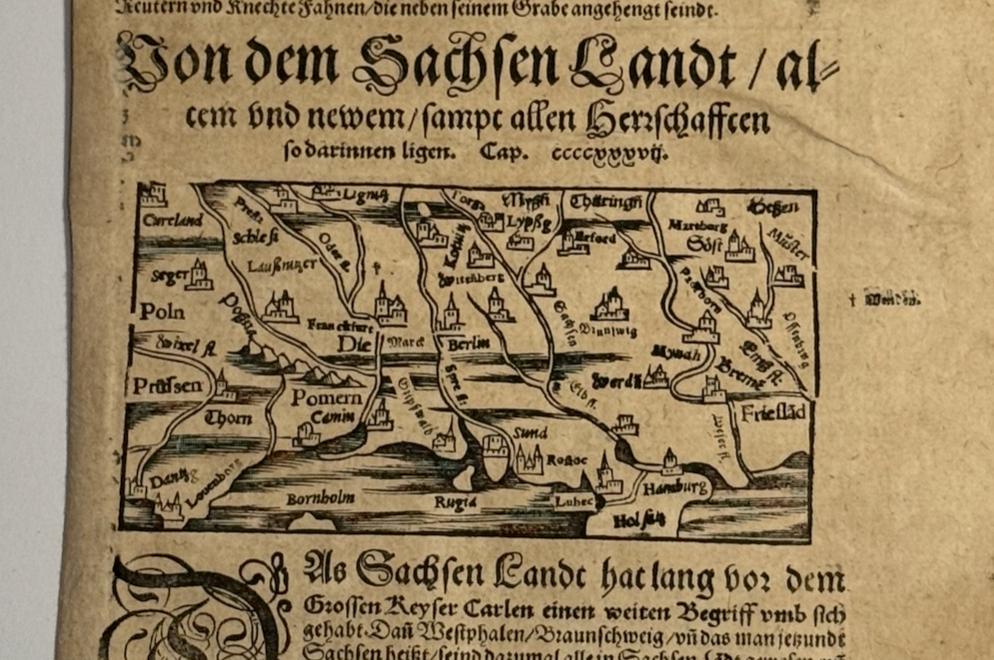 Kaart "von dem Sachsen landt", 16e eeuw Münster, Antiek en Kunst, Cartografie, 35 cm, Ophalen of Verzenden, Houtsnede