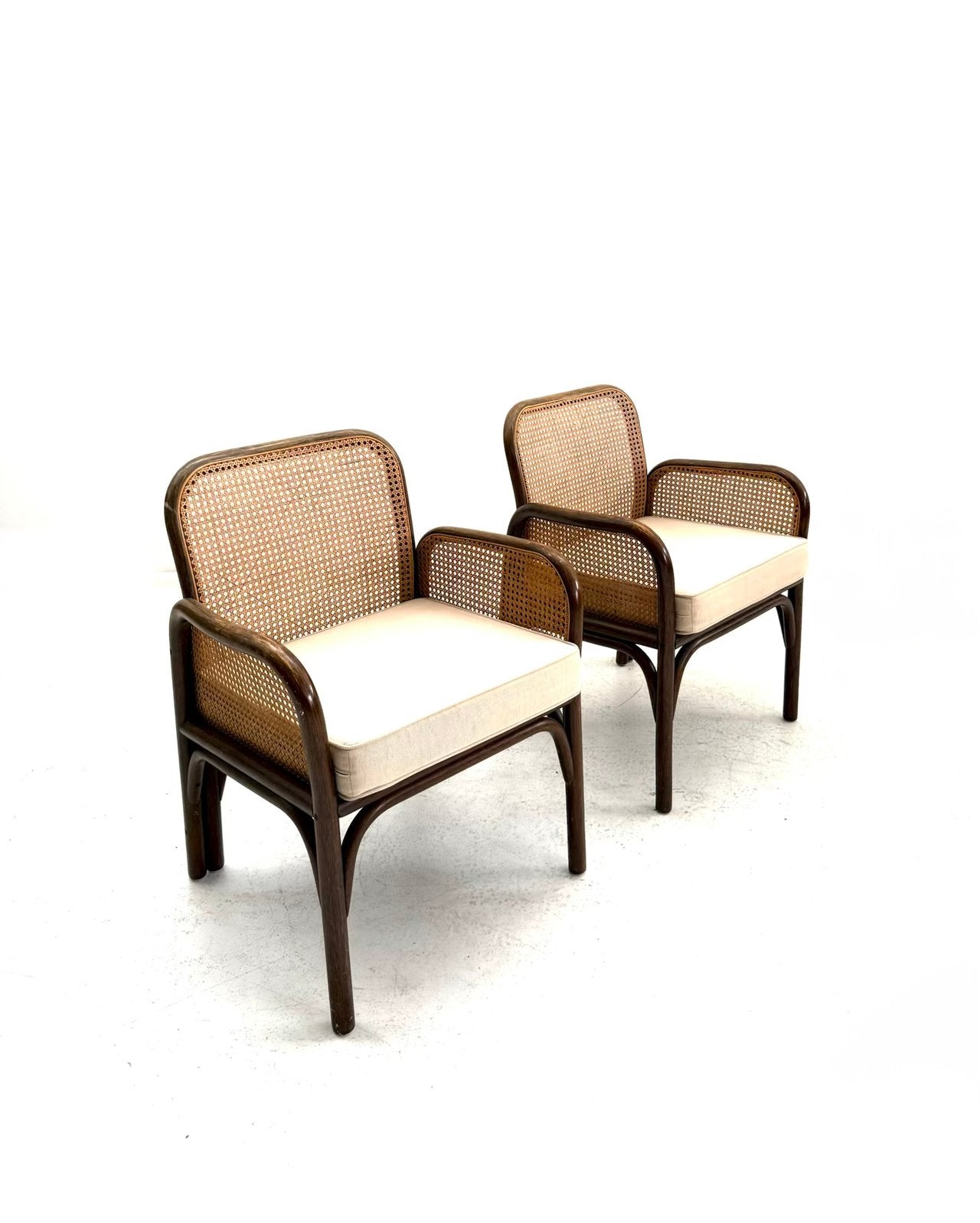 Set van 2 manou & webbing fauteuils, jaren ‘60, Hout, Vintage retro buisframe design rotan webbing papercord deens, Minder dan 75 cm