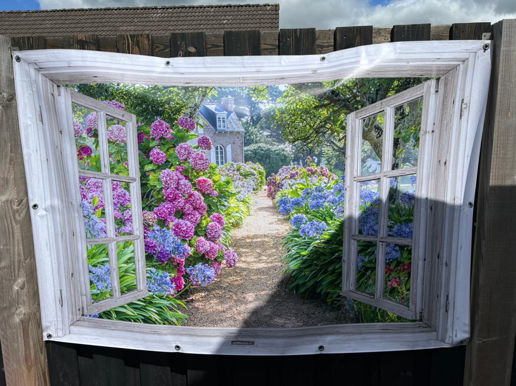 Tuinposter doorkijk hortensia xxl €25,- afhaal, Ophalen of Verzenden, Nieuw