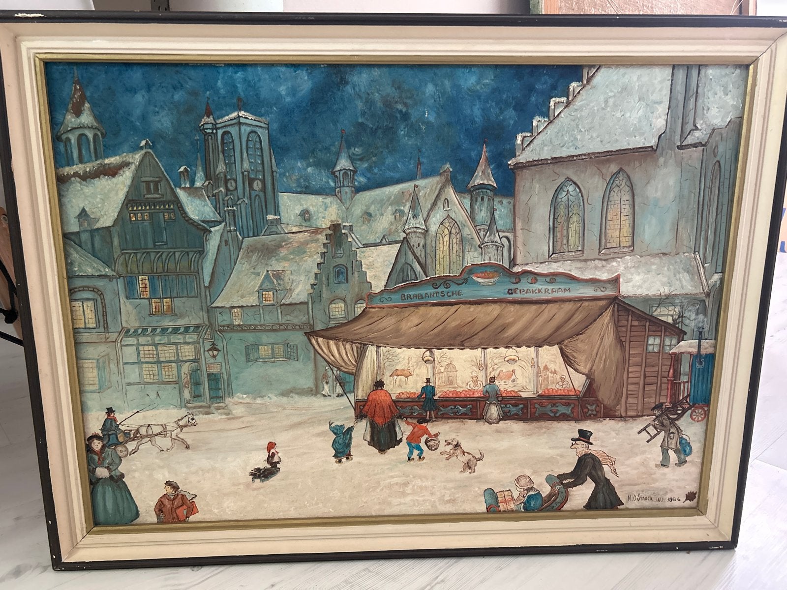 Schilderij M.O. Stanca - Wintertafereel met kermis, Ophalen