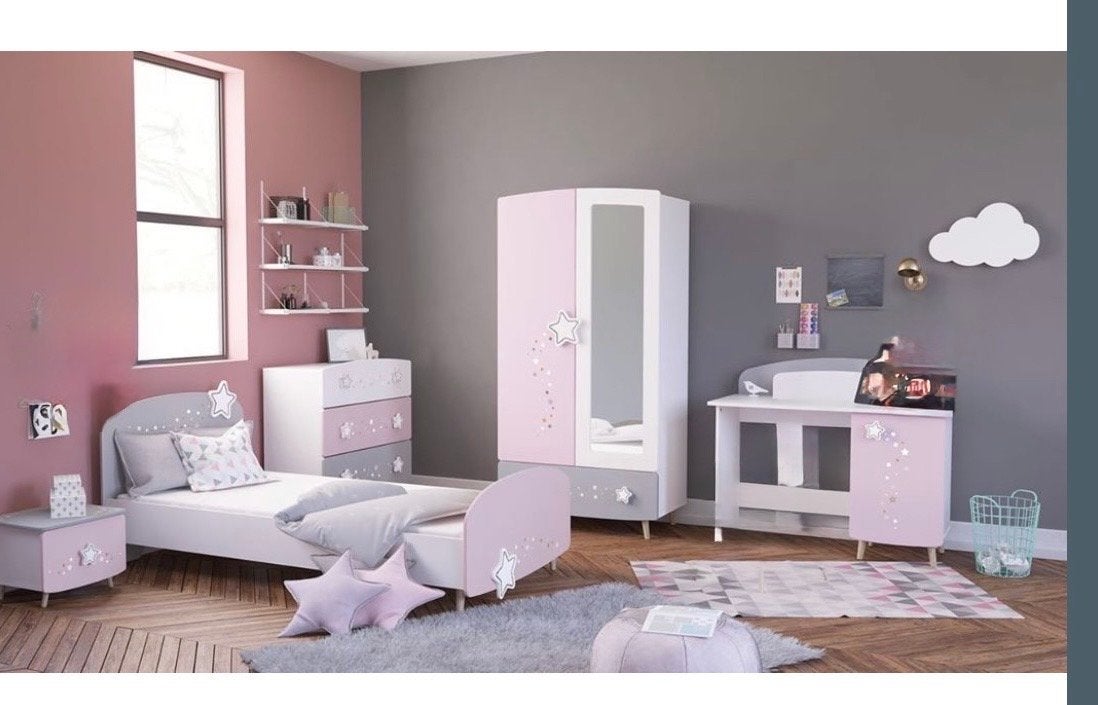 Complete Kinderkamer Set - Roze/Grijs met Sterren, Ophalen, Zo goed als nieuw, Meisje