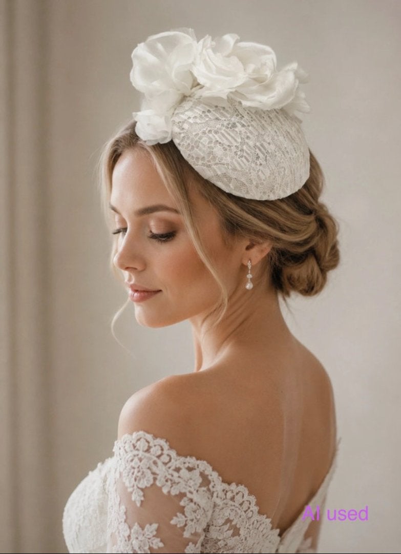 Handgemaakte Trouw Percher met Kant en Bloemen - Wit, Kleding | Dames, Ophalen of Verzenden, Nieuw, Wit, Accessoires