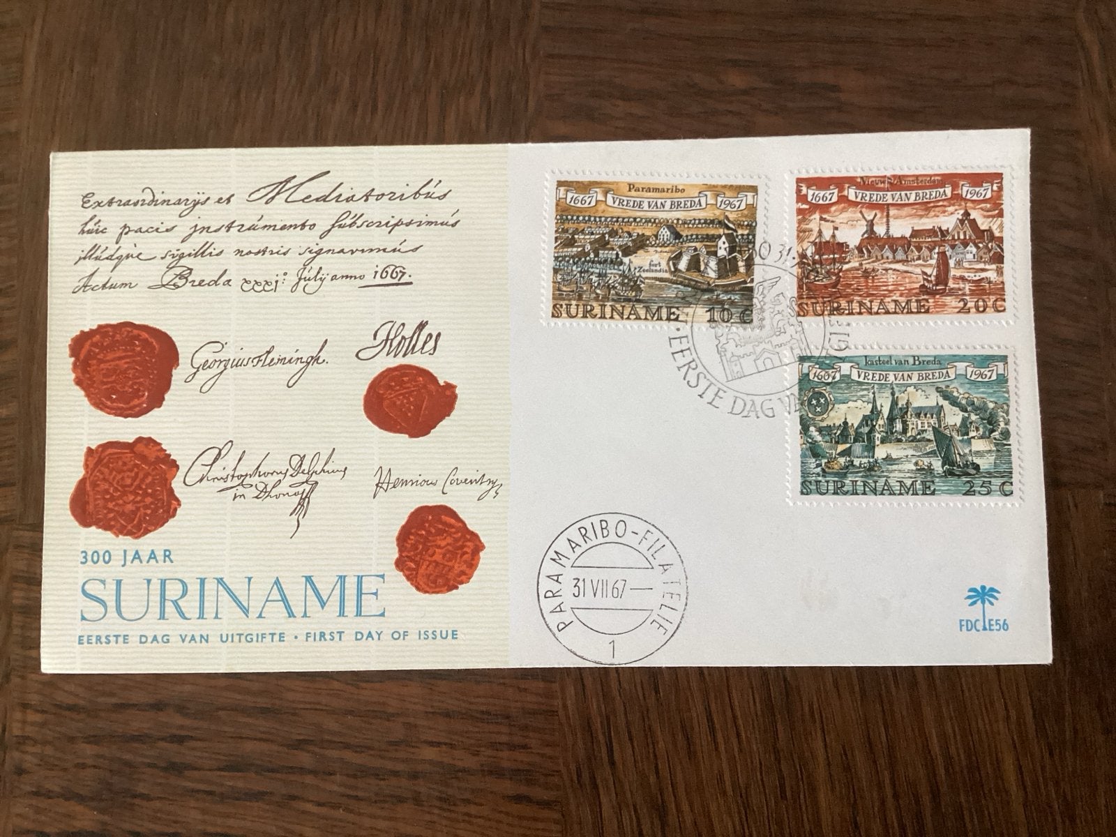 Suriname Eerste Dag Uitgifte 1967 - Vrede van Breda, Ophalen of Verzenden, Gestempeld, Nederlands-Indië