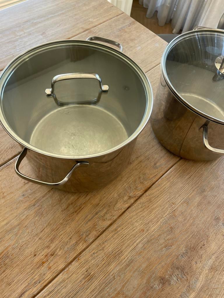 Set van 2 RVS pannen met glazen deksels, Ø 25 cm, Ophalen of Verzenden, Gebruikt, Rvs