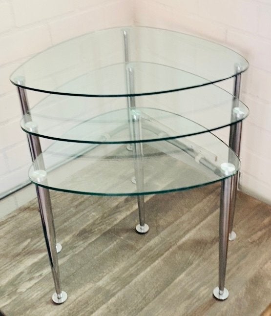 Set 3 retro space age glazen bijzettafels met metalen poten, Ophalen, Huis en Inrichting