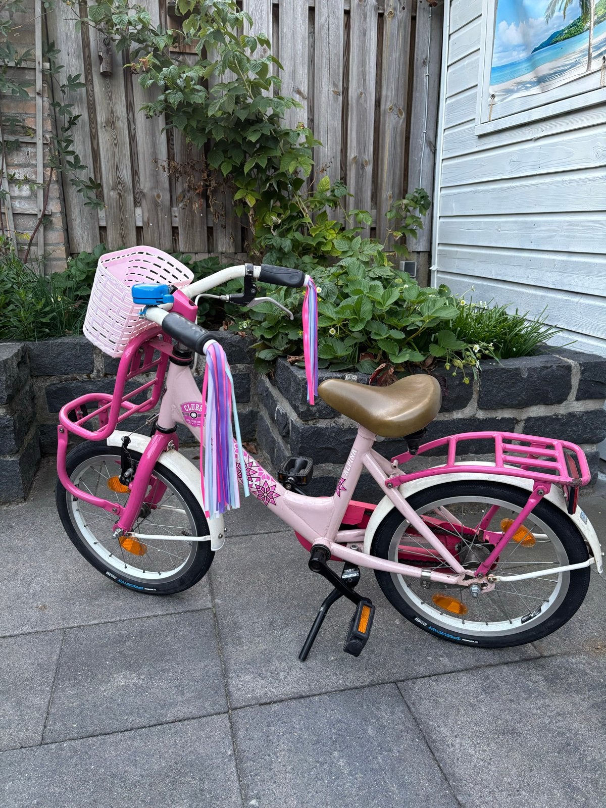 Roze kinderfiets 16 inch met mandje en bagagedrager, Ophalen, Gebruikt, Terugtraprem, 16 tot 20 inch