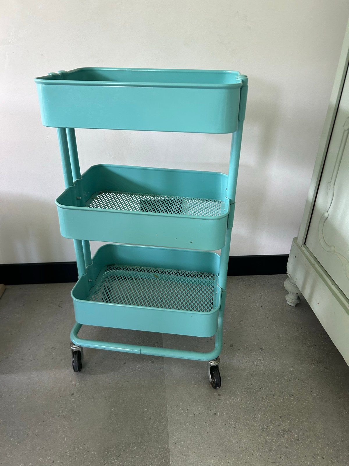 IKEA RÅSKOG roltafel / rolkastje - turquoise, Ophalen, Gebruikt
