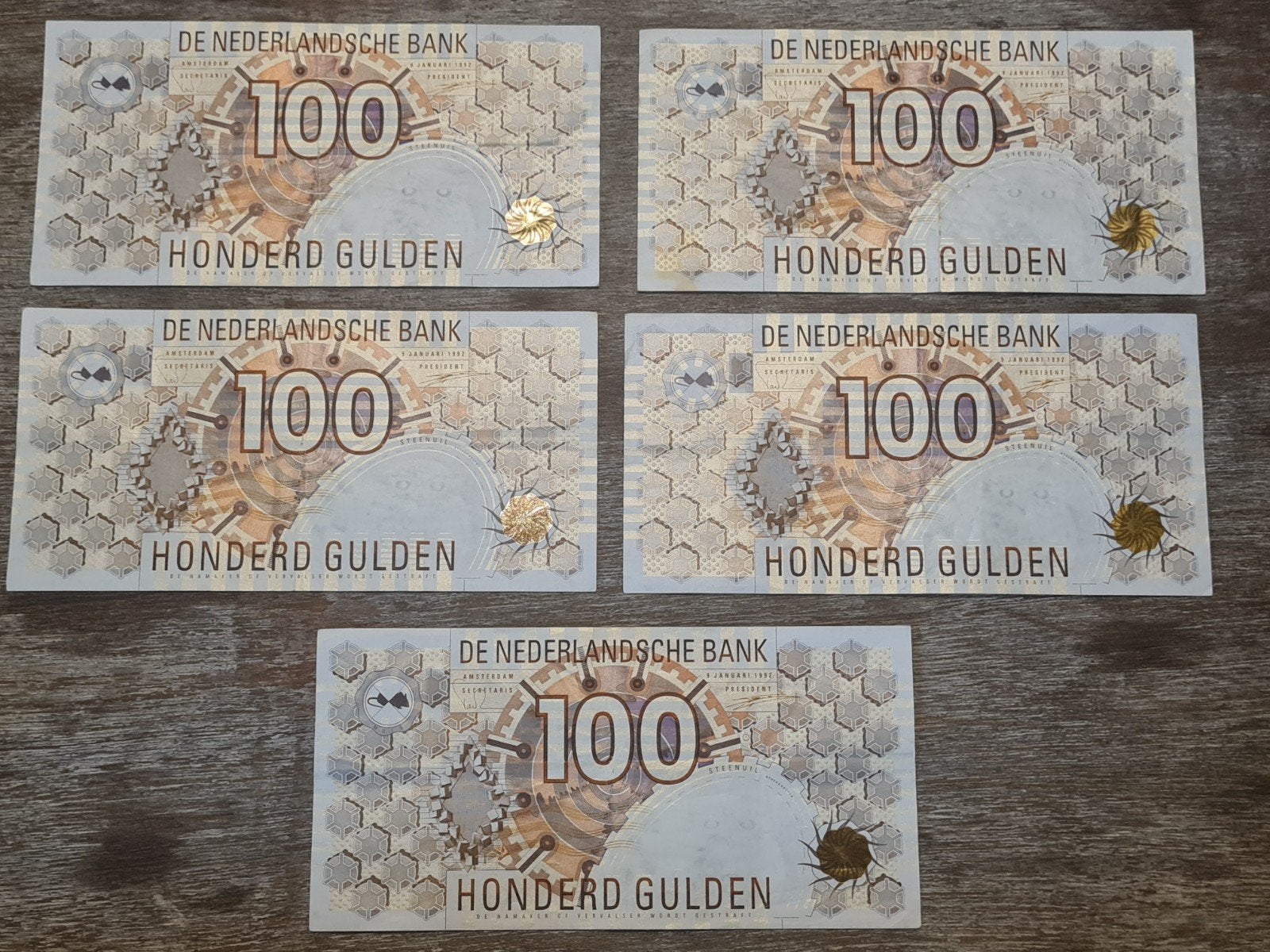 Set 5x 100 gulden Steenuil in hoge kwaliteit, Ophalen of Verzenden, 100 gulden