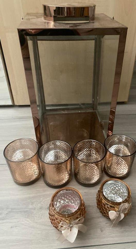 Roségouden lantaarn en theelichthouders set, Ophalen, Overige kleuren, 25 tot 50 cm, Zo goed als nieuw