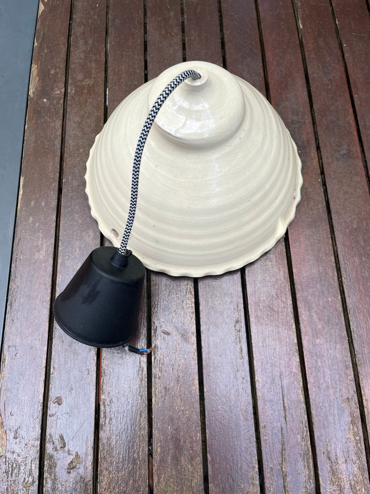 Vintage keramische hanglamp - crèmekleurig, Ophalen of Verzenden, Gebruikt, Keramiek, E27 (groot)