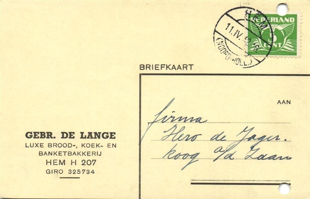 Gebr. de Lange, Hem - 04.1942 - briefkaart - 1942 geschreven, Ophalen of Verzenden, Briefkaart