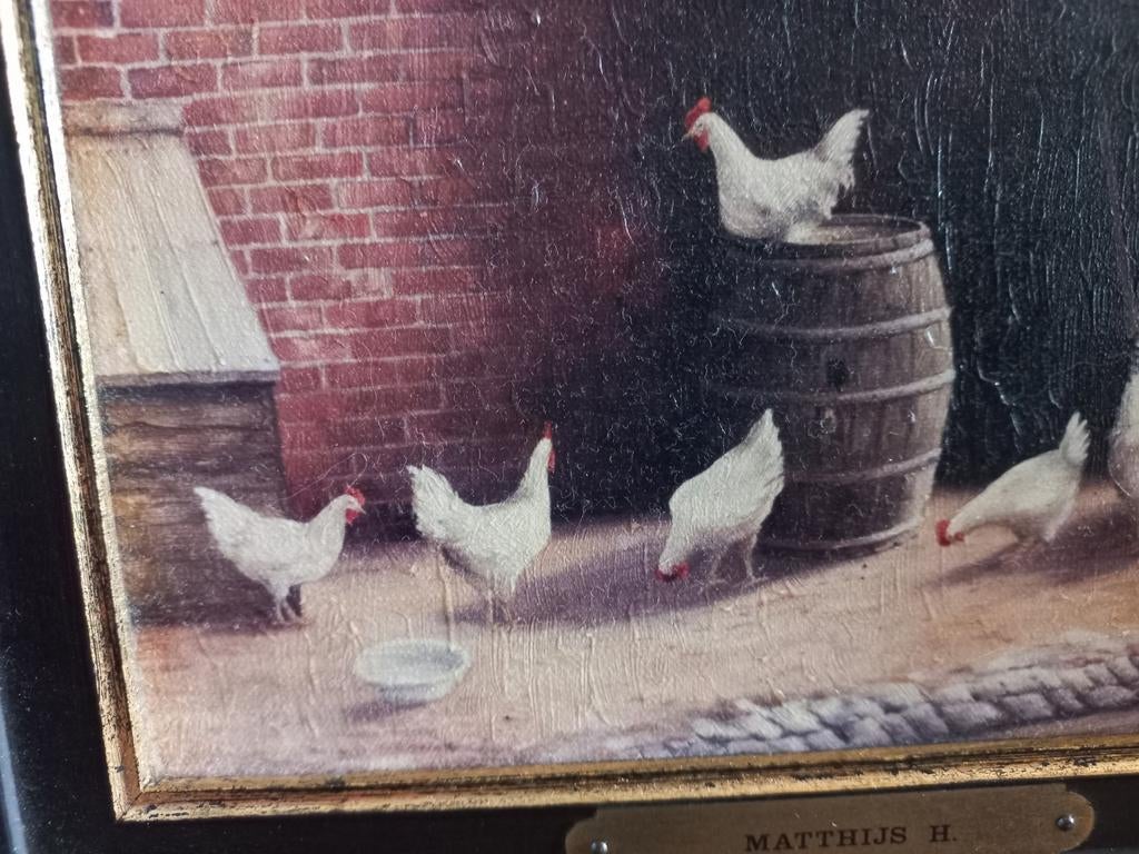 Olieverfschilderij 'Kippen in schuur' van H. Matthijs, Ophalen of Verzenden