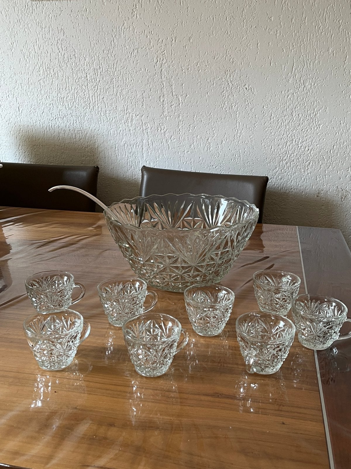 Vintage Glazen Punch Set - Kom met 8 Kopjes en Lepel, Ophalen