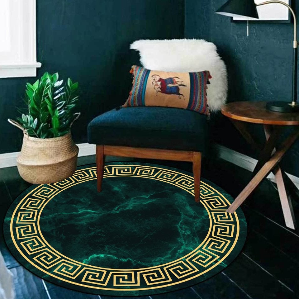 Groen Marmer Barok Rond Vloerkleed Kleed Tapijt Geometrisch, Verzenden, Nieuw, Groen, Rond