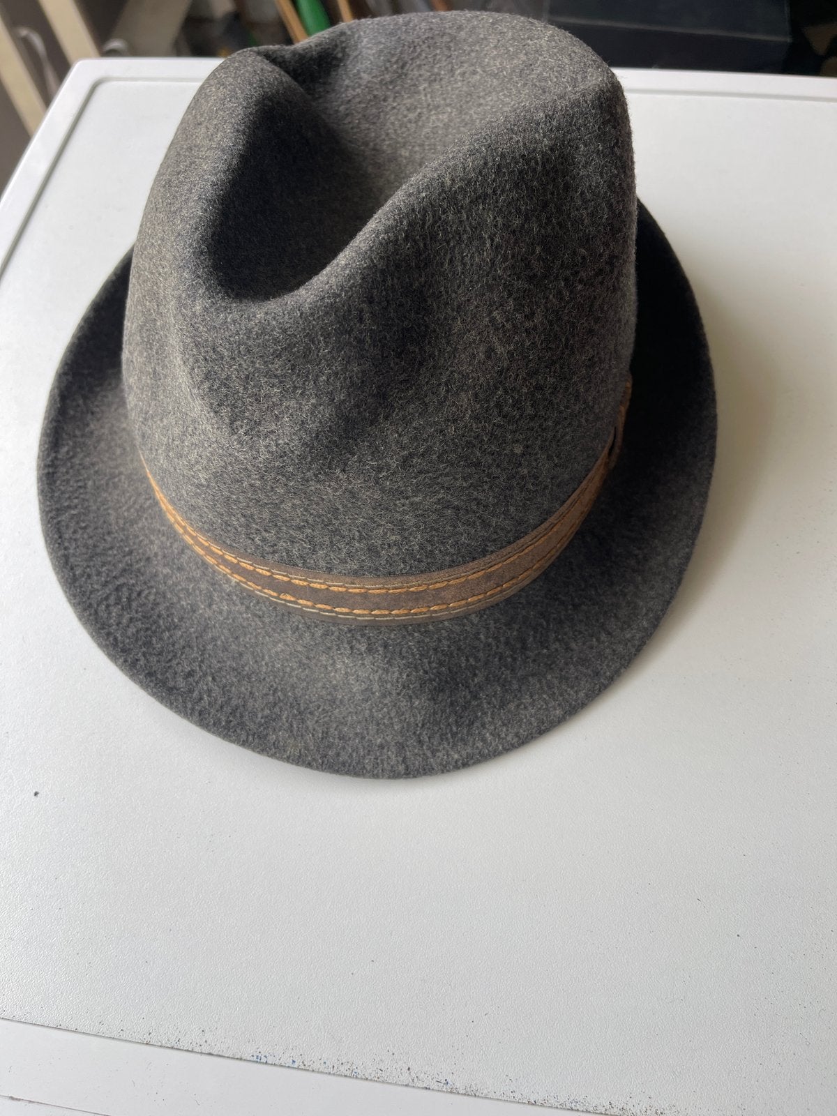 Ottmar Reich Hoed - Grijze wollen fedora met leren band, Ophalen of Verzenden, Zo goed als nieuw, One size fits all, Hoed