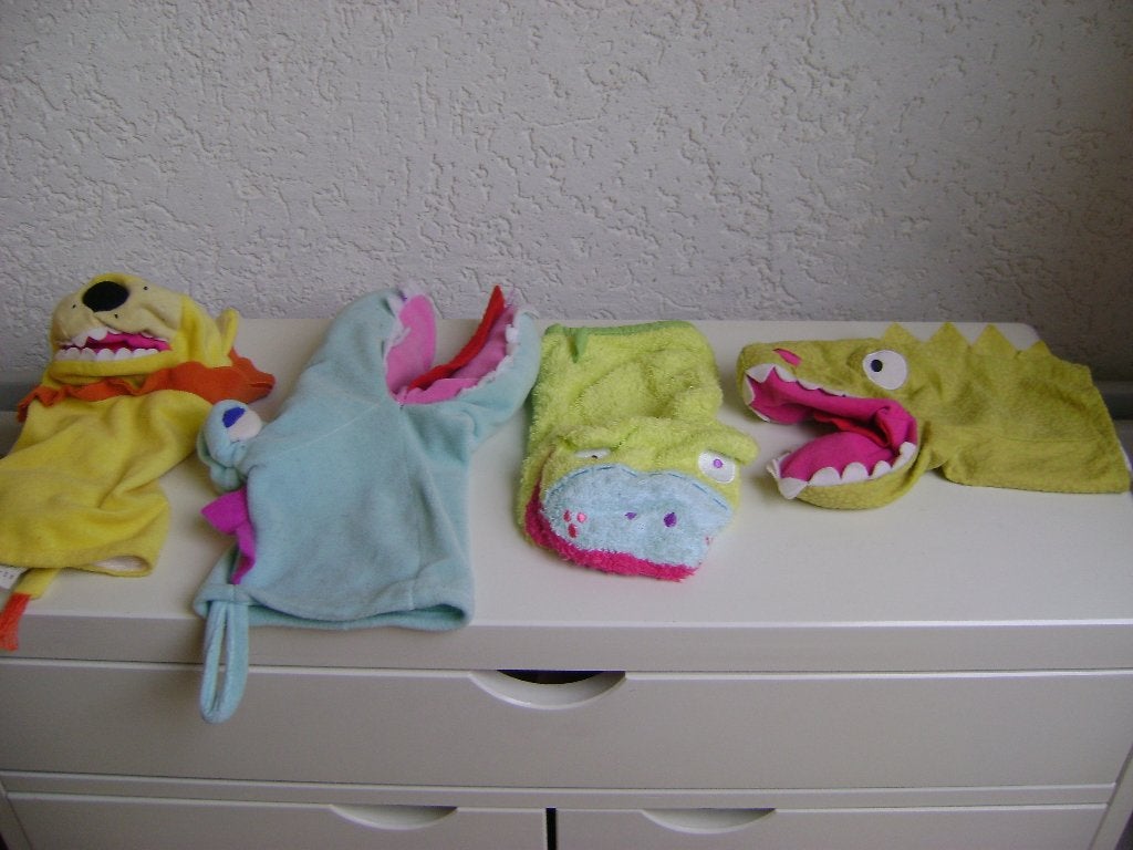 4 poppenkast dieren 2stoffen en 2 velourse tyger en kikker, Kinderen en Baby's, Ophalen of Verzenden, Zo goed als nieuw, Overige typen