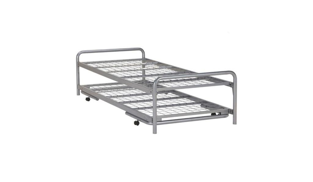 Dubbel Divan / Uitschuifbaar Bed – Zilver, Ophalen, 90 cm, Tweepersoons, Zo goed als nieuw