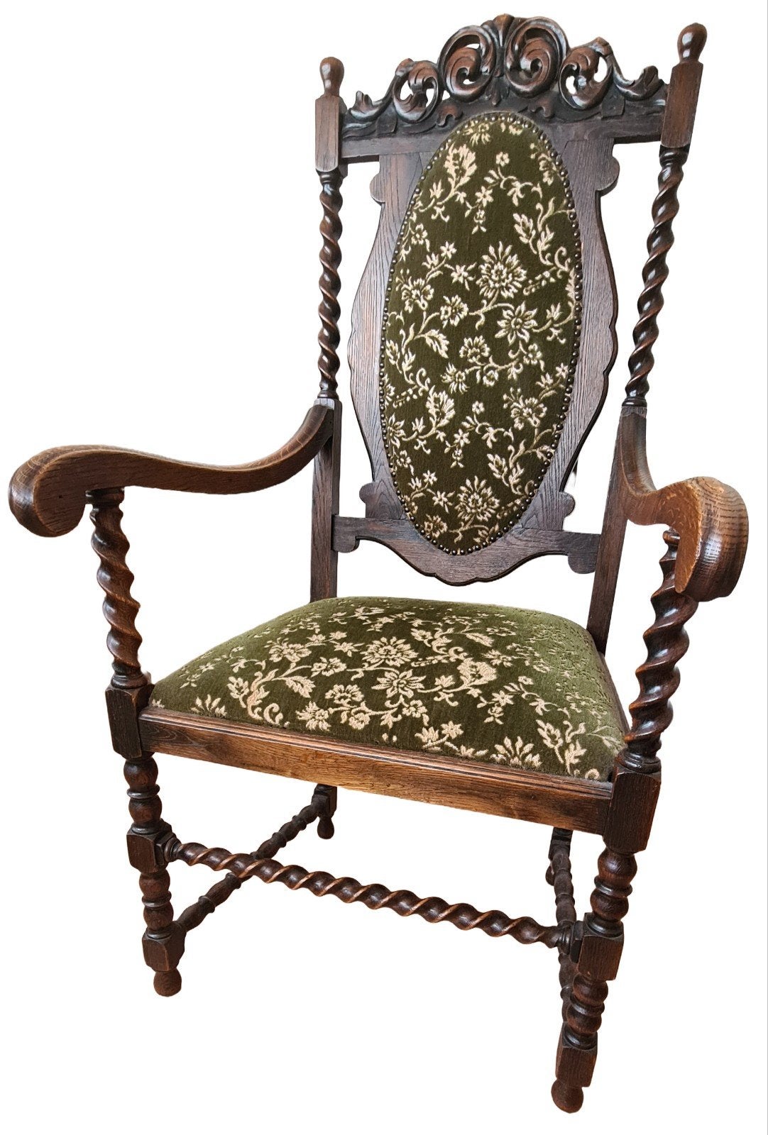 Antieke Eikenhouten Armstoel met Groen Fluweel ca. 1880, Antiek en Kunst, Ophalen