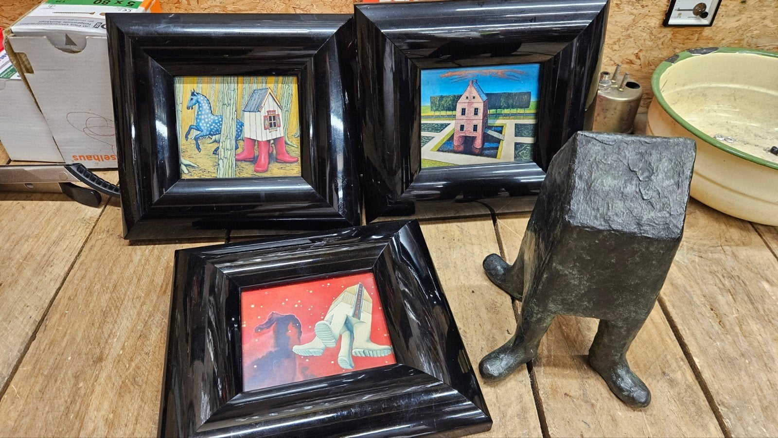 Beeldje Brons, 3 tekeningen, speelhuisje school Winsum, Ophalen of Verzenden