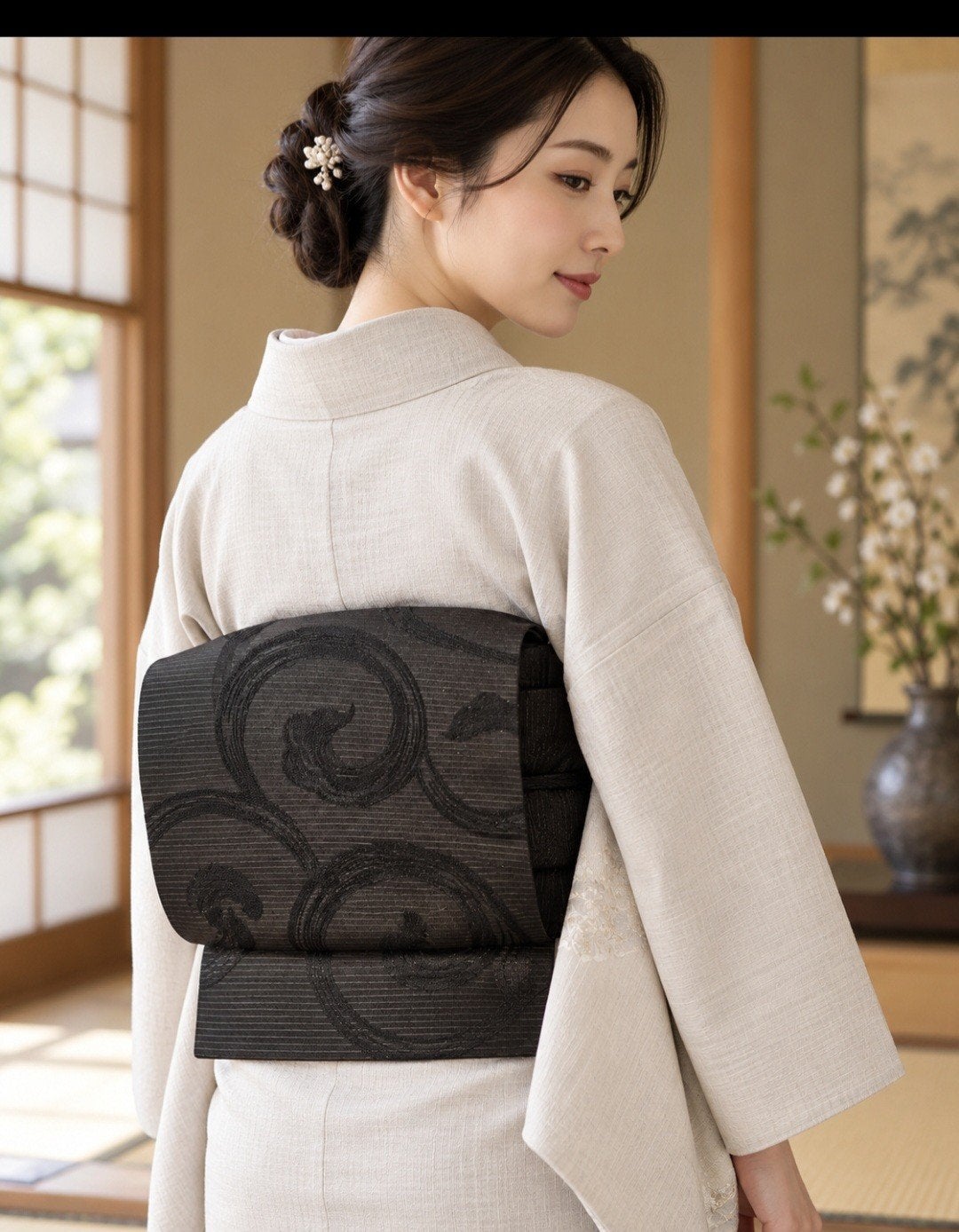 Vintage Japanse zwarte Nagoya obi – vermoedelijk ongedragen, Antiek en Kunst, Ophalen of Verzenden