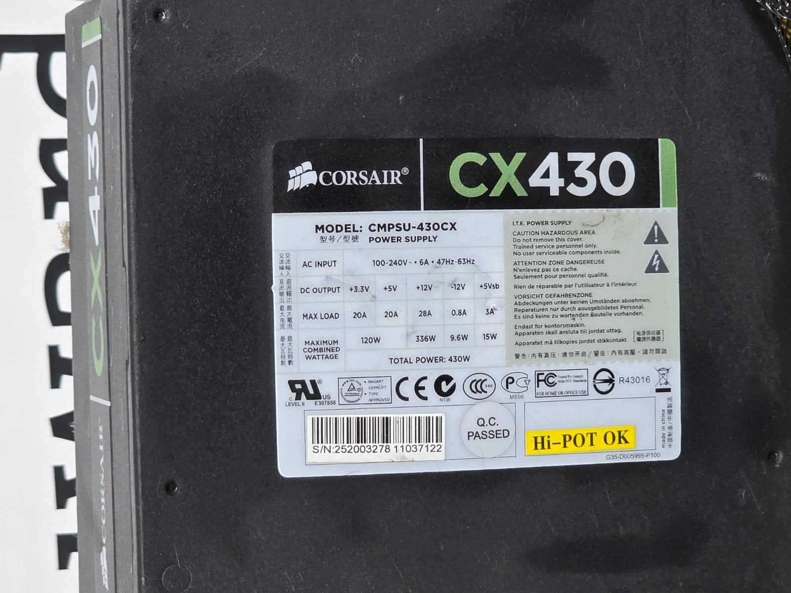 Corsair 430w max voeding psu power supply cmpsu-430cx cx430, Gebruikt, ., Ophalen of Verzenden, .